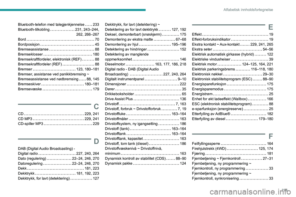 PEUGEOT 3008 2020 Instruksjoner for bruk (in Norwegian) 275
Alfabetisk innholdsfortegnelse
Bluetooth-telefon med talegjenkjennelse 233
Bluetooth-tilkobling
231, 243–244, 262, 266–267
Bord
70
Bordposisjon
45
Bremseassistanse
88
PEUGEOT 3008 2020 Instruksjoner for bruk (in Norwegian) 275
Alfabetisk innholdsfortegnelse
Bluetooth-telefon med talegjenkjennelse 233
Bluetooth-tilkobling
231, 243–244, 262, 266–267
Bord
70
Bordposisjon
45
Bremseassistanse
88