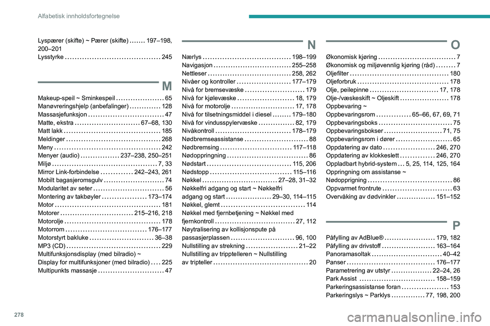 PEUGEOT 3008 2020 Instruksjoner for bruk (in Norwegian) 278
Alfabetisk innholdsfortegnelse
Lyspærer (skifte) ~ Pærer (skifte) 197–198,
200–201
Lysstyrke
245
M
Makeup-speil ~ Sminkespeil 65
Manøvreringshjelp (anbefalinger)
128
Massa PEUGEOT 3008 2020 Instruksjoner for bruk (in Norwegian) 278
Alfabetisk innholdsfortegnelse
Lyspærer (skifte) ~ Pærer (skifte) 197–198,
200–201
Lysstyrke
245
M
Makeup-speil ~ Sminkespeil 65
Manøvreringshjelp (anbefalinger)
128
Massa
