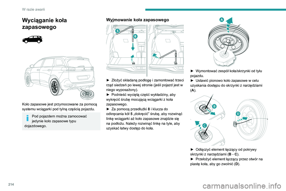 PEUGEOT 3008 2020  Instrukcja obsługi (in Polish) 214
W razie awarii
Wyciąganie koła 
zapasowego
 
 
 
 
Koło zapasowe jest przymocowane za pomocą 
systemu wciągarki pod tylną częścią pojazdu.
Pod pojazdem można zamocować 
jedynie koło za