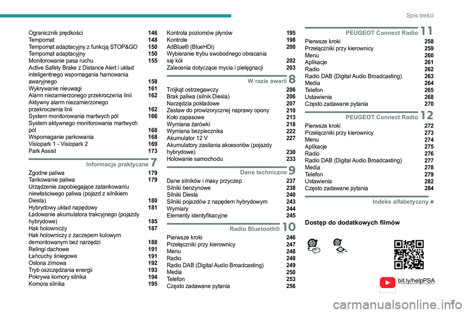 PEUGEOT 3008 2020  Instrukcja obsługi (in Polish) 3
Spis treści
  
  
bit.ly/helpPSA
 
 
 
Ogranicznik prędkości  146
Tempomat  148
Tempomat adaptacyjny z funkcją STOP&GO  150
Tempomat adaptacyjny  150
Monitorowanie pasa ruchu  155
Active Safety 