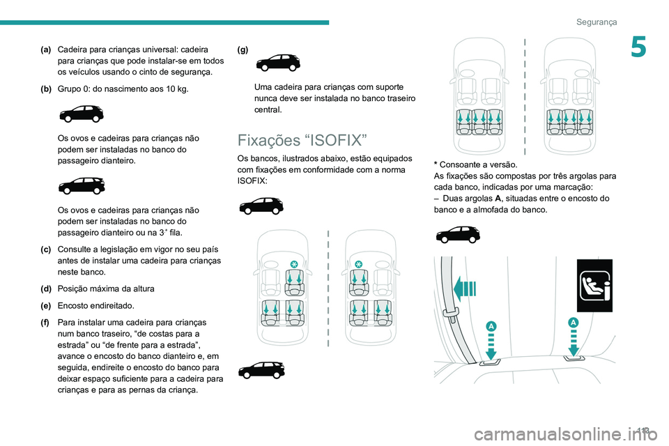 PEUGEOT 3008 2020 Manual de utilização (in Portuguese) 11 3
Segurança
5(a)Cadeira para crianças universal: cadeira
para crianças que pode instalar-se em todos
os veículos usando o cinto de segurança.
(b) Grupo 0: do nascimento aos 10
kg.
Os o PEUGEOT 3008 2020 Manual de utilização (in Portuguese) 11 3
Segurança
5(a)Cadeira para crianças universal: cadeira
para crianças que pode instalar-se em todos
os veículos usando o cinto de segurança.
(b) Grupo 0: do nascimento aos 10
kg.
Os o