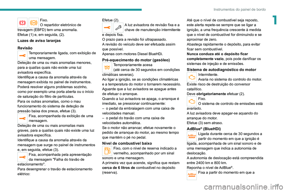 PEUGEOT 3008 2020 Manual de utilização (in Portuguese) 13
Instrumentos do painel de bordo
1Fixo.
O repartidor eletrónico de
travagem (EBFD) tem uma anomalia.
Efetue (1) e, em seguida, (2).
Luzes de aviso laranjas
Revisão
Temporariamente ligada, com exi PEUGEOT 3008 2020 Manual de utilização (in Portuguese) 13
Instrumentos do painel de bordo
1Fixo.
O repartidor eletrónico de
travagem (EBFD) tem uma anomalia.
Efetue (1) e, em seguida, (2).
Luzes de aviso laranjas
Revisão
Temporariamente ligada, com exi