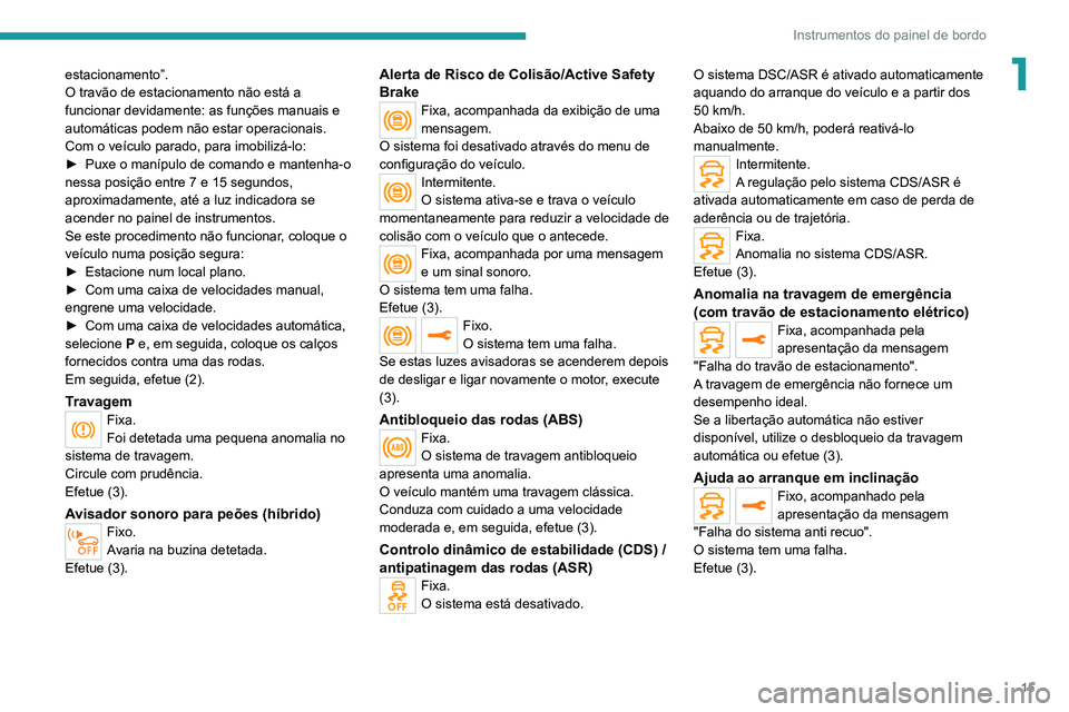 PEUGEOT 3008 2020 Manual de utilização (in Portuguese) 15
Instrumentos do painel de bordo
1estacionamento”.
O travão de estacionamento não está a
funcionar devidamente: as funções manuais e
automáticas podem não estar operacionais.
Com o veícu PEUGEOT 3008 2020 Manual de utilização (in Portuguese) 15
Instrumentos do painel de bordo
1estacionamento”.
O travão de estacionamento não está a
funcionar devidamente: as funções manuais e
automáticas podem não estar operacionais.
Com o veícu