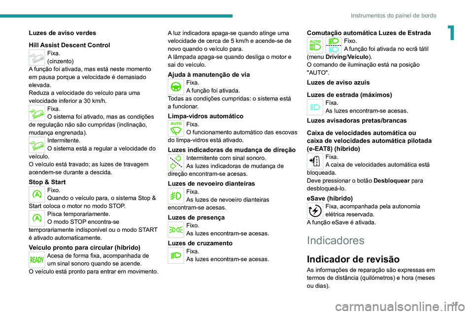 PEUGEOT 3008 2020 Manual de utilização (in Portuguese) 17
Instrumentos do painel de bordo
1Luzes de aviso verdes
Hill Assist Descent Control
Fixa.
(cinzento)
A função foi ativada, mas está neste momento
em pausa porque a velocidade é demasiado
eleva PEUGEOT 3008 2020 Manual de utilização (in Portuguese) 17
Instrumentos do painel de bordo
1Luzes de aviso verdes
Hill Assist Descent Control
Fixa.
(cinzento)
A função foi ativada, mas está neste momento
em pausa porque a velocidade é demasiado
eleva