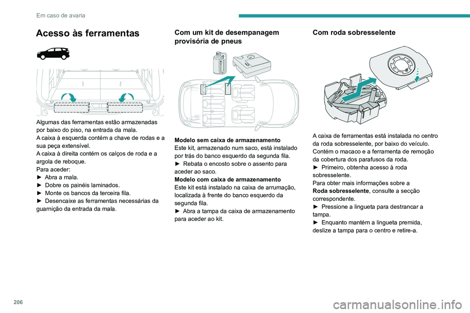 PEUGEOT 3008 2020  Manual de utilização (in Portuguese) 206
Em caso de avaria
Acesso às ferramentas 
 
 
 
Algumas das ferramentas estão armazenadas 
por baixo do piso, na entrada da mala.
A caixa à esquerda contém a chave de rodas e a 
sua peça exten
