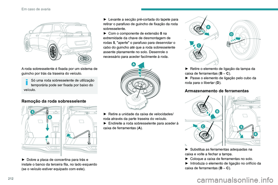 PEUGEOT 3008 2020  Manual de utilização (in Portuguese) 212
Em caso de avaria
 
A roda sobresselente é fixada por um sistema de 
guincho por trás da traseira do veículo.
Só uma roda sobresselente de utilização 
temporária pode ser fixada por baixo d