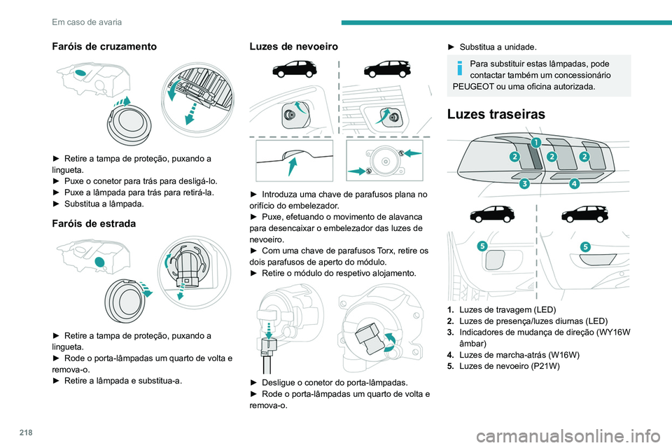 PEUGEOT 3008 2020  Manual de utilização (in Portuguese) 218
Em caso de avaria
Faróis de cruzamento 
 
► Retire a tampa de proteção, puxando a 
lingueta.
►
 
Puxe o conetor para trás para desligá-lo.
►

 
Puxe a lâmpada para trás para retirá-l