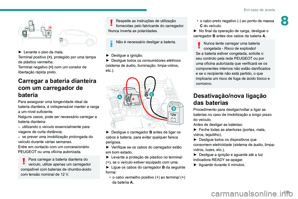 PEUGEOT 3008 2020  Manual de utilização (in Portuguese) 229
Em caso de avaria
8
 
► Levante o piso da mala.
T erminal positivo  (+), protegido por uma tampa 
de plástico vermelha.
Terminal negativo  (+) com um conetor de 
libertação rápida preto.
Car