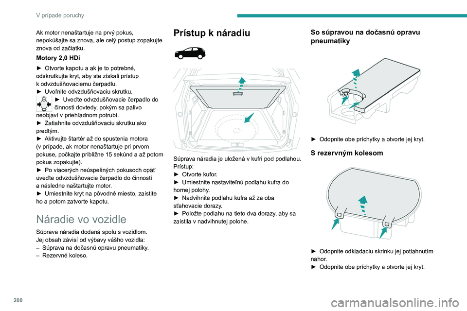 PEUGEOT 3008 2020 Návod na použitie (in Slovakian) 200
V prípade poruchy
Prístup k náradiu
Niektoré časti náradia sú uložené pod podlahou
v blízkosti prahu batožinového priestoru.
Ľavá schránka obsahuje kľúč na demontáž
ko PEUGEOT 3008 2020 Návod na použitie (in Slovakian) 200
V prípade poruchy
Prístup k náradiu
Niektoré časti náradia sú uložené pod podlahou
v blízkosti prahu batožinového priestoru.
Ľavá schránka obsahuje kľúč na demontáž
ko