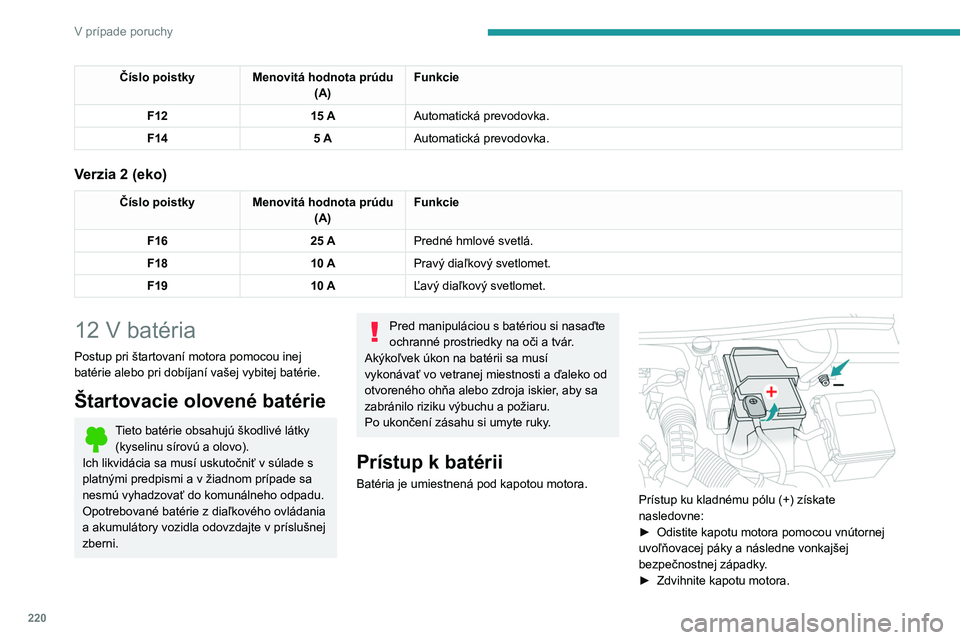 PEUGEOT 3008 2020  Návod na použitie (in Slovakian) 220
V prípade poruchy
(+) Kladný pól.
Je vybavený rýchloupínacou svorkou.
(-) Záporný pól.
Keďže záporný pól batérie nie je prístupný, bod 
ukostrenia je posunutý a osadený v blízk