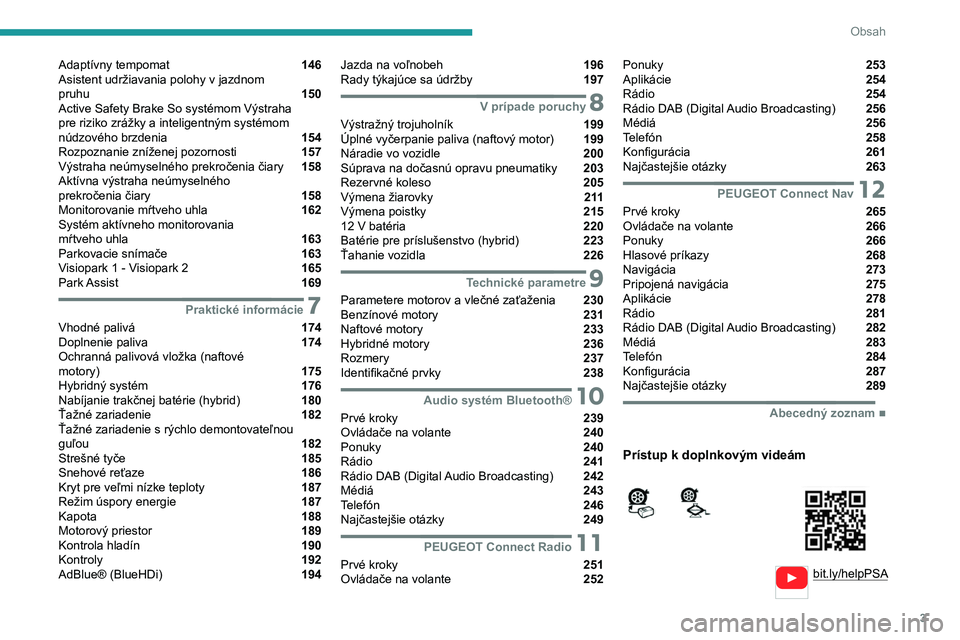 PEUGEOT 3008 2020  Návod na použitie (in Slovakian) 3
Obsah
  
  
bit.ly/helpPSA
 
 
 
Adaptívny tempomat  146
Asistent udržiavania polohy v
 
jazdnom   
pruhu 
 150
Active Safety Brake So systémom Výstraha 
pre riziko zrážky a inteligentným sys