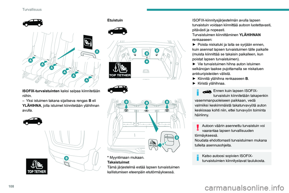 PEUGEOT 3008 2020  Omistajan Käsikirja (in Finnish) 108
Turvallisuus
Suositellut lasten 
ISOFIX-turvaistuimet
Katso myös turvaistuimen asennus- ja 
irrotusohjeet turvaistuimen valmistajan 
laatimista ohjeista.
RÖMER Baby-Safe Plus ja ISOFIX-telakka (