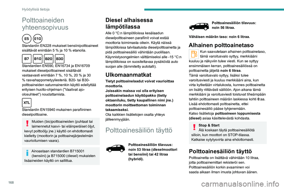 PEUGEOT 3008 2020 Omistajan Käsikirja (in Finnish) 168
Hyödyllisiä tietoja
Polttoaineiden
yhteensopivuus
Standardin EN228 mukaiset bensiinipolttoaineet
sisältävät enintään 5 % ja 10 % etanolia.
Standardien EN590, EN16734 ja EN16 PEUGEOT 3008 2020 Omistajan Käsikirja (in Finnish) 168
Hyödyllisiä tietoja
Polttoaineiden
yhteensopivuus
Standardin EN228 mukaiset bensiinipolttoaineet
sisältävät enintään 5 % ja 10 % etanolia.
Standardien EN590, EN16734 ja EN16