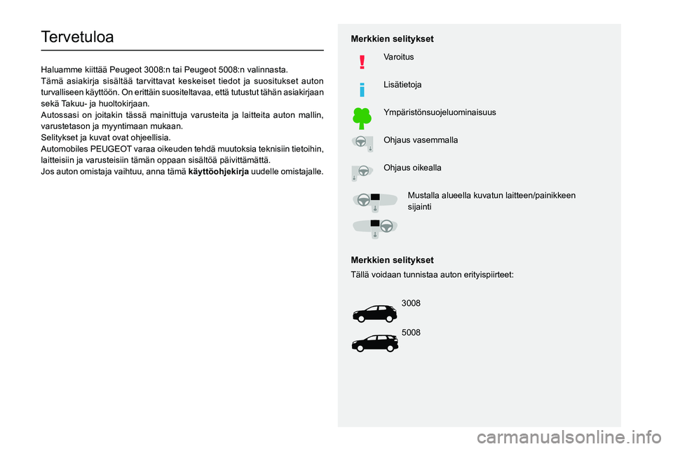 PEUGEOT 3008 2020 Omistajan Käsikirja (in Finnish)
Tervetuloa
Haluamme kiittää Peugeot 3008:n tai P eugeot 5008: n valinnasta.
Tämä asiakirja sisältää tarvittavat keskeiset tiedot ja s\
uos PEUGEOT 3008 2020 Omistajan Käsikirja (in Finnish)
Tervetuloa
Haluamme kiittää Peugeot 3008:n tai P eugeot 5008: n valinnasta.
Tämä asiakirja sisältää tarvittavat keskeiset tiedot ja s\
uos