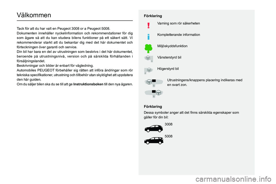 PEUGEOT 3008 2020  Bruksanvisningar (in Swedish)   
 
 
 
 
 
  
  
   
   
 
  
 
  
 
 
 
   
 
 
  
Välkommen
Tack för att du har valt en Peugeot 3008 or a Peugeot 5008.
Dokumenten innehåller nyckelinformation och rekommendationer för d\
ig 
