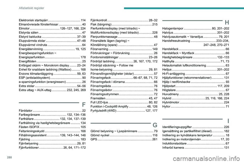 PEUGEOT 3008 2020  Bruksanvisningar (in Swedish) 280
Alfabetiskt register
Elektronisk startspärr    11 4
Elmanövrerade fönsterhissar     
40
Elmotor
    
126–127, 166, 224
Elstyrda säten
    
47
Elstyrd baklucka
    
37–39
Eluppvärmda stola