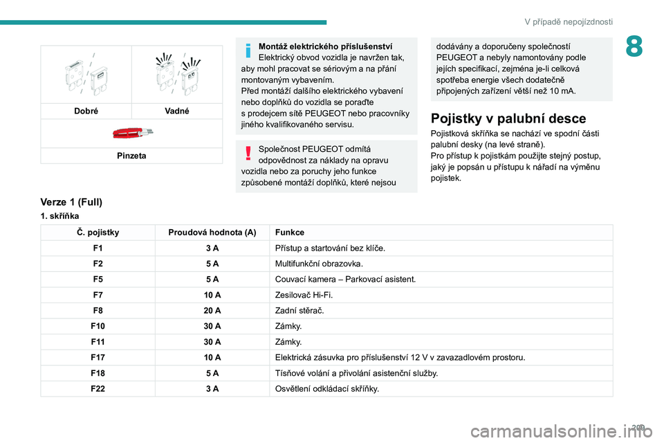 PEUGEOT 3008 2020 Návod na použití (in Czech) 209
V případě nepojízdnosti
8
Dobré
Vadné
Pinzeta
Montáž elektrického příslušenství
Elektrický obvod vozidla je navržen tak,
aby mohl pracovat se sériovým a na přání
mont PEUGEOT 3008 2020 Návod na použití (in Czech) 209
V případě nepojízdnosti
8
Dobré
Vadné
Pinzeta
Montáž elektrického příslušenství
Elektrický obvod vozidla je navržen tak,
aby mohl pracovat se sériovým a na přání
mont