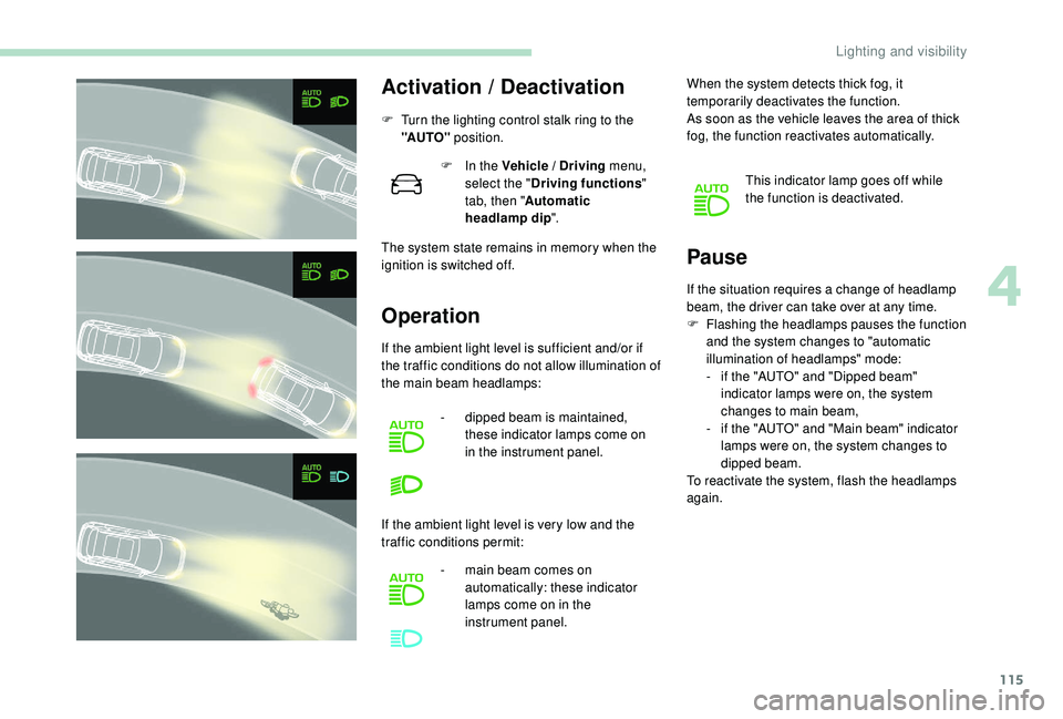 PEUGEOT 3008 2018 Owners Manual 115
Activation / Deactivation
F Turn the lighting control stalk ring to the "AUTO" position.
The system state remains in memory when the
ignition is switched off. F
I
n the Vehicle / Driv PEUGEOT 3008 2018 Owners Manual 115
Activation / Deactivation
F Turn the lighting control stalk ring to the "AUTO" position.
The system state remains in memory when the
ignition is switched off. F
I
n the Vehicle / Driv
