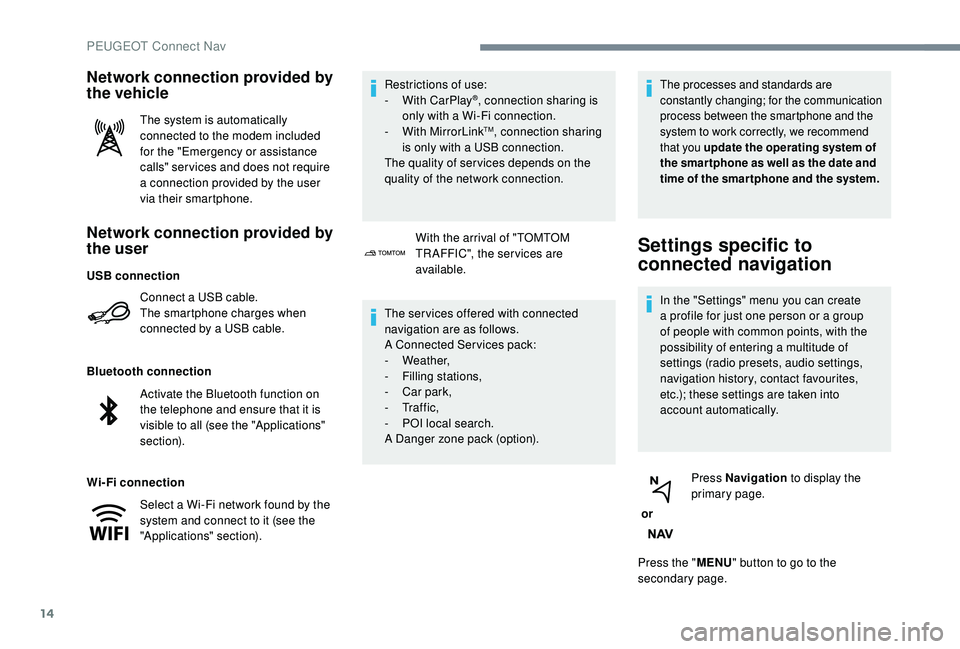 PEUGEOT 3008 2018 Owners Guide 14
Network connection provided by 
the user
Connect a USB cable.
The smartphone charges when 
connected by a USB cable.
Bluetooth connection
Wi-Fi connection Restrictions of use:
-
 W

ith CarPlay
®,
