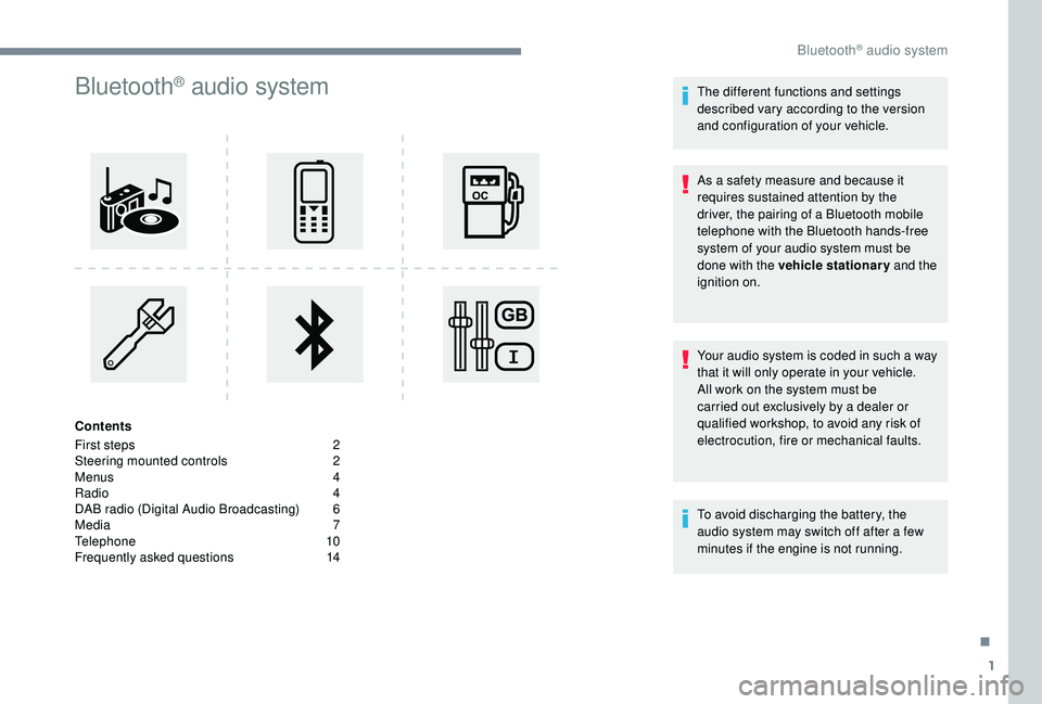 PEUGEOT 3008 2018 Owners Manual 1
Bluetooth® audio system
Contents
First steps
2
S
teering mounted controls
2
M
enus
4
R
adio
4
D
AB radio (Digital Audio Broadcasting)
6
M
edia
7
T
elephone
1
0
Frequently PEUGEOT 3008 2018 Owners Manual 1
Bluetooth® audio system
Contents
First steps
2
S
teering mounted controls
2
M
enus
4
R
adio
4
D
AB radio (Digital Audio Broadcasting)
6
M
edia
7
T
elephone
1
0
Frequently