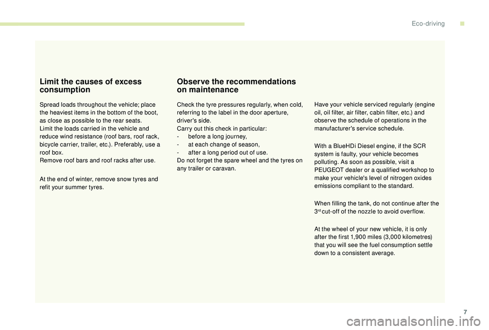 PEUGEOT 3008 2018 Owners Manual 7
Limit the causes of excess
consumption
Spread loads throughout the vehicle; place
the heaviest items in the bottom of the boot,
as close as possible to the rear seats.
Limit the loads carried in PEUGEOT 3008 2018 Owners Manual 7
Limit the causes of excess
consumption
Spread loads throughout the vehicle; place
the heaviest items in the bottom of the boot,
as close as possible to the rear seats.
Limit the loads carried in