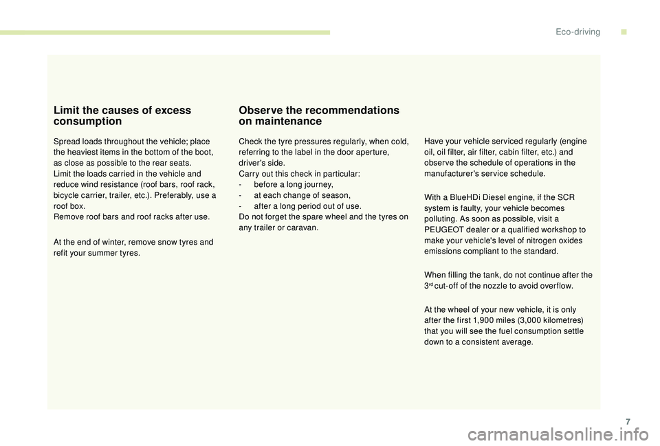 PEUGEOT 3008 2018  Owners Manual 7
Limit the causes of excess 
consumption
Spread loads throughout the vehicle; place 
the heaviest items in the bottom of the boot, 
as close as possible to the rear seats.
Limit the loads carried in 