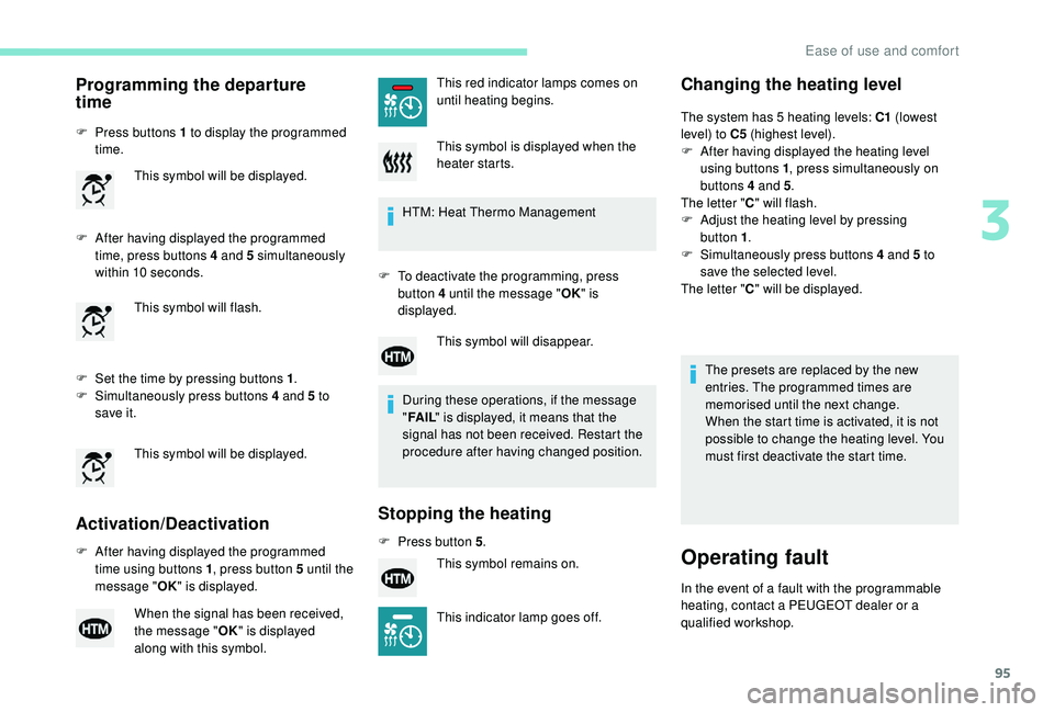 PEUGEOT 3008 2018 Owners Manual 95
Programming the departure
time
F Press buttons 1 to display the programmed time.
F
A
fter having displayed the programmed
time, press buttons 4 and 5 simultaneously
within 10
seconds.
F
S PEUGEOT 3008 2018 Owners Manual 95
Programming the departure
time
F Press buttons 1 to display the programmed time.
F
A
fter having displayed the programmed
time, press buttons 4 and 5 simultaneously
within 10
seconds.
F
S
