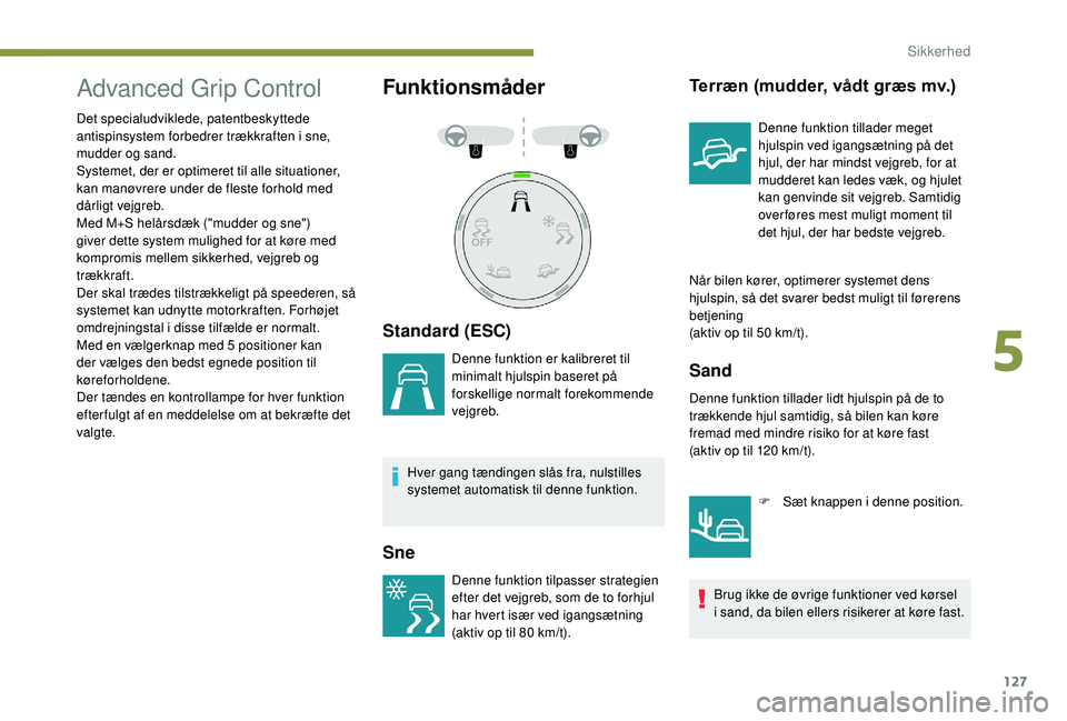 PEUGEOT 3008 2018 Brugsanvisning (in Danish) 127
Advanced Grip Control
Det specialudviklede, patentbeskyttede
antispinsystem forbedrer trækkraften i sne,
mudder og sand.
Systemet, der er optimeret til alle situationer,
kan manøvrere under PEUGEOT 3008 2018 Brugsanvisning (in Danish) 127
Advanced Grip Control
Det specialudviklede, patentbeskyttede
antispinsystem forbedrer trækkraften i sne,
mudder og sand.
Systemet, der er optimeret til alle situationer,
kan manøvrere under