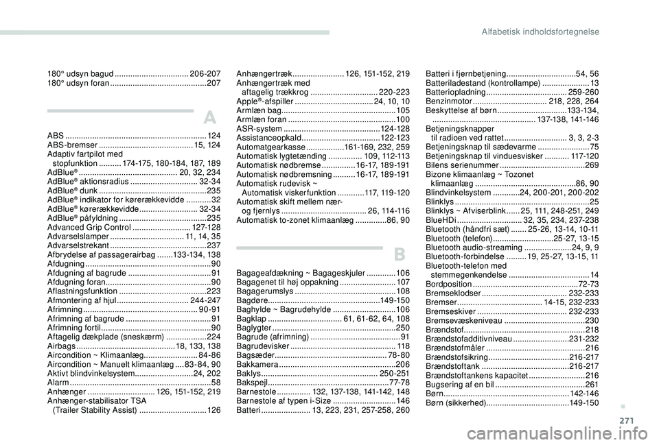 PEUGEOT 3008 2018 Brugsanvisning (in Danish) 271
180° udsyn bagud .................................20 6-207
180° udsyn foran ........................................... 207
A
ABS .............................................................. PEUGEOT 3008 2018 Brugsanvisning (in Danish) 271
180° udsyn bagud .................................20 6-207
180° udsyn foran ........................................... 207
A
ABS ..............................................................