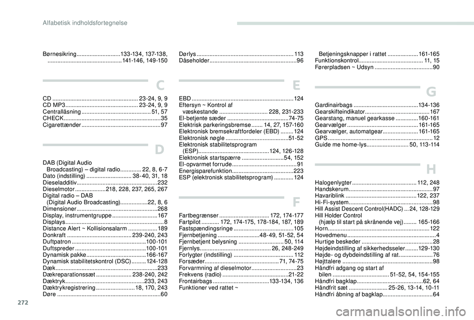 PEUGEOT 3008 2018 Brugsanvisning (in Danish) 272
Børnesikring ........................... 13 3 -13 4, 137-13 8,
.............................................. 141-14 6, 149 -15 0
C
CD ..................................................... 23 PEUGEOT 3008 2018 Brugsanvisning (in Danish) 272
Børnesikring ........................... 13 3 -13 4, 137-13 8,
.............................................. 141-14 6, 149 -15 0
C
CD ..................................................... 23