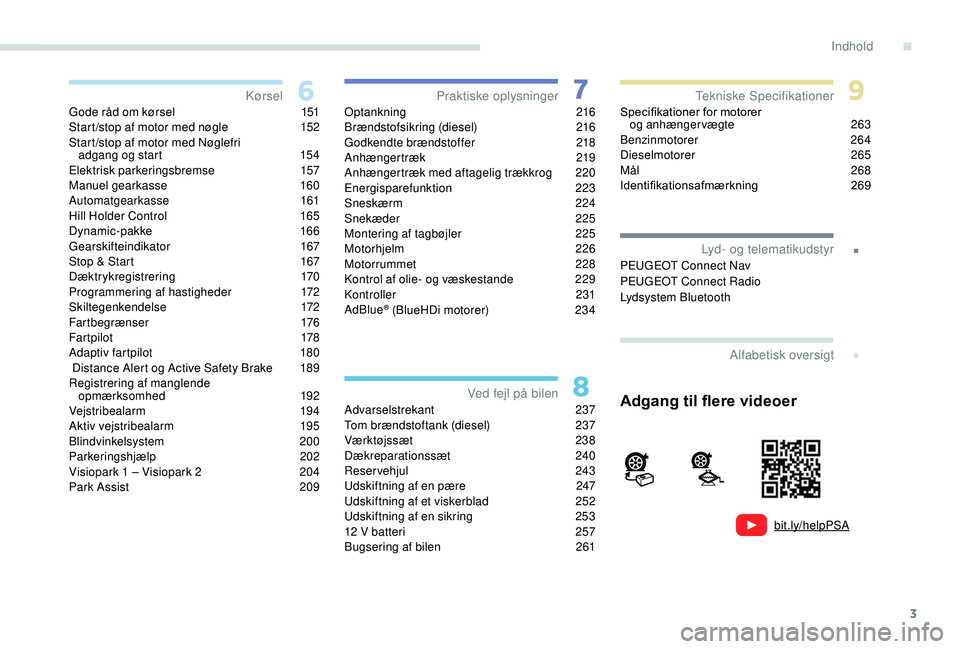 PEUGEOT 3008 2018  Brugsanvisning (in Danish) 3
bit.ly/helpPSA
.
.
Gode råd om kørsel 151
Start /stop af motor med nøgle  1 52
Start /stop af motor med Nøglefri   adgang og start
 
1
 54
Elektrisk parkeringsbremse
 1

57
Manuel gearkasse
 
1
