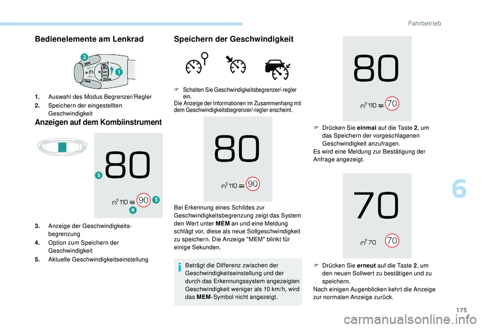 PEUGEOT 3008 2018 Betriebsanleitungen (in German) 175
Bedienelemente am Lenkrad
Anzeigen auf dem Kombiinstrument
1.Auswahl des Modus Begrenzer/Regler
2. Speichern der eingestellten
Geschwindigkeit
3. Anzeige der Geschwindigkeits-
begrenzung
4. Optio PEUGEOT 3008 2018 Betriebsanleitungen (in German) 175
Bedienelemente am Lenkrad
Anzeigen auf dem Kombiinstrument
1.Auswahl des Modus Begrenzer/Regler
2. Speichern der eingestellten
Geschwindigkeit
3. Anzeige der Geschwindigkeits-
begrenzung
4. Optio