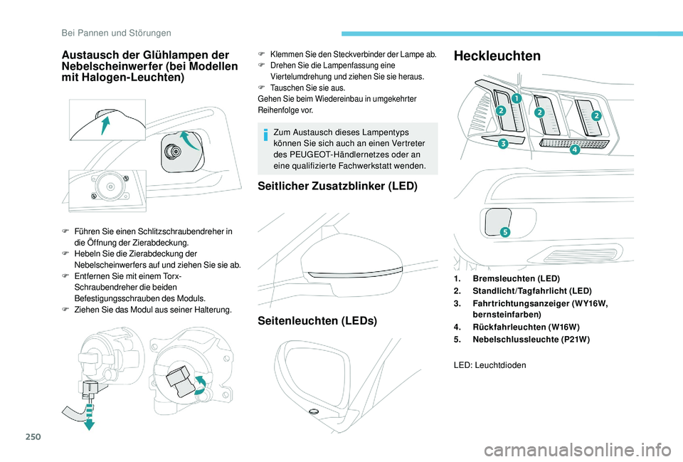 PEUGEOT 3008 2018  Betriebsanleitungen (in German) 250
Zum Austausch dieses Lampentyps 
können Sie sich auch an einen Vertreter 
des PEUGEOT-Händlernetzes oder an 
eine qualifizierte Fachwerkstatt wenden.
Seitlicher Zusatzblinker (LED)
Seitenleuchte