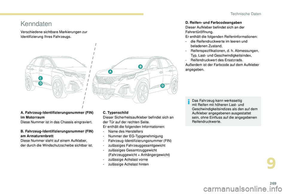 PEUGEOT 3008 2018 Betriebsanleitungen (in German) 269
Kenndaten
Verschiedene sichtbare Markierungen zur
Identifizierung Ihres Fahrzeugs.
A. Fahrzeug-Identifizierungsnummer (FIN)
im Motorraum
Diese Nummer ist in das Chassis eingraviert.
B. Fahrzeug- PEUGEOT 3008 2018 Betriebsanleitungen (in German) 269
Kenndaten
Verschiedene sichtbare Markierungen zur
Identifizierung Ihres Fahrzeugs.
A. Fahrzeug-Identifizierungsnummer (FIN)
im Motorraum
Diese Nummer ist in das Chassis eingraviert.
B. Fahrzeug-