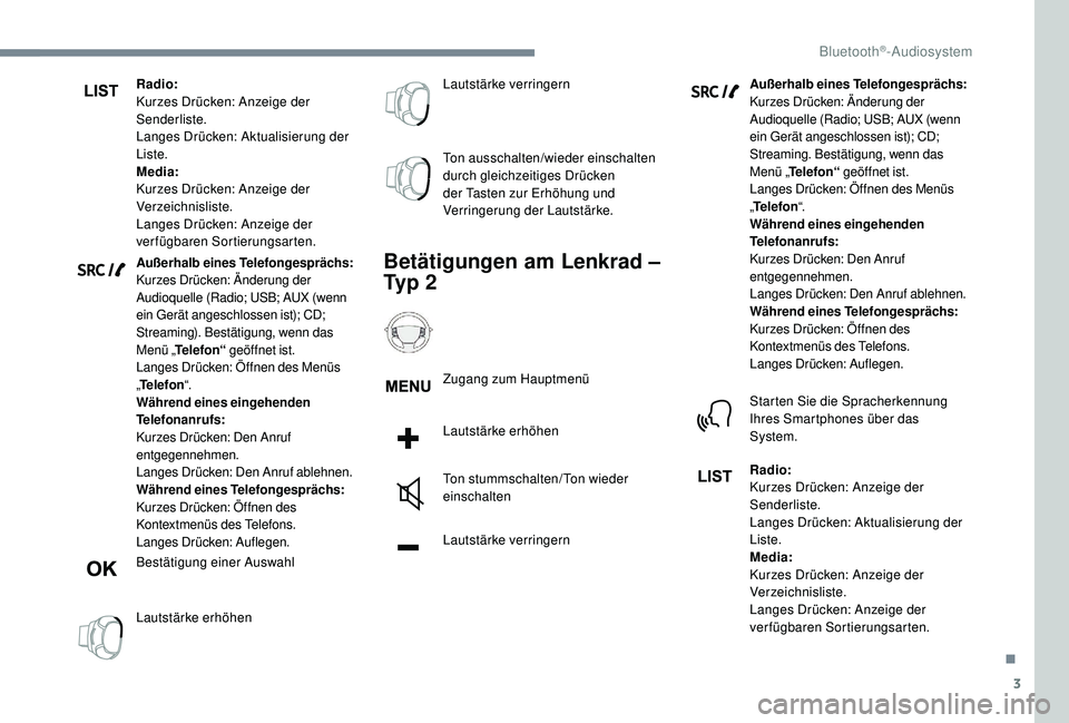 PEUGEOT 3008 2018 Betriebsanleitungen (in German) 3
Radio:
Kurzes Drücken: Anzeige der
Senderliste.
Langes Drücken: Aktualisierung der
Liste.
Media:
Kurzes Drücken: Anzeige der
Verzeichnisliste.
Langes Drücken: Anzeige der
verfügbaren Sortie PEUGEOT 3008 2018 Betriebsanleitungen (in German) 3
Radio:
Kurzes Drücken: Anzeige der
Senderliste.
Langes Drücken: Aktualisierung der
Liste.
Media:
Kurzes Drücken: Anzeige der
Verzeichnisliste.
Langes Drücken: Anzeige der
verfügbaren Sortie