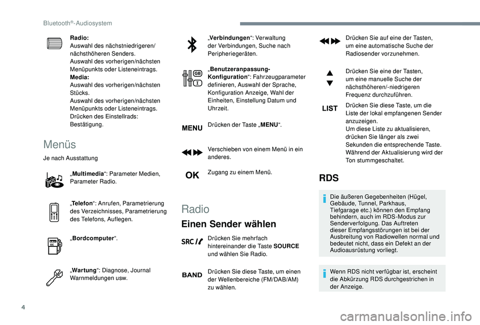 PEUGEOT 3008 2018 Betriebsanleitungen (in German) 4
Radio:
Auswahl des nächstniedrigeren/
nächsthöheren Senders.
Auswahl des vorherigen/nächsten
Menüpunkts oder Listeneintrags.
Media:
Auswahl des vorherigen/nächsten
Stücks.
Auswahl des vorhe PEUGEOT 3008 2018 Betriebsanleitungen (in German) 4
Radio:
Auswahl des nächstniedrigeren/
nächsthöheren Senders.
Auswahl des vorherigen/nächsten
Menüpunkts oder Listeneintrags.
Media:
Auswahl des vorherigen/nächsten
Stücks.
Auswahl des vorhe