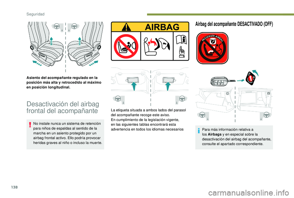 PEUGEOT 3008 2018  Manual del propietario (in Spanish) 138
Asiento del acompañante regulado en la 
posición más alta y retrocedido al máximo 
en posición longitudinal.
Desactivación del airbag 
frontal del acompañante
No instale nunca un sistema de