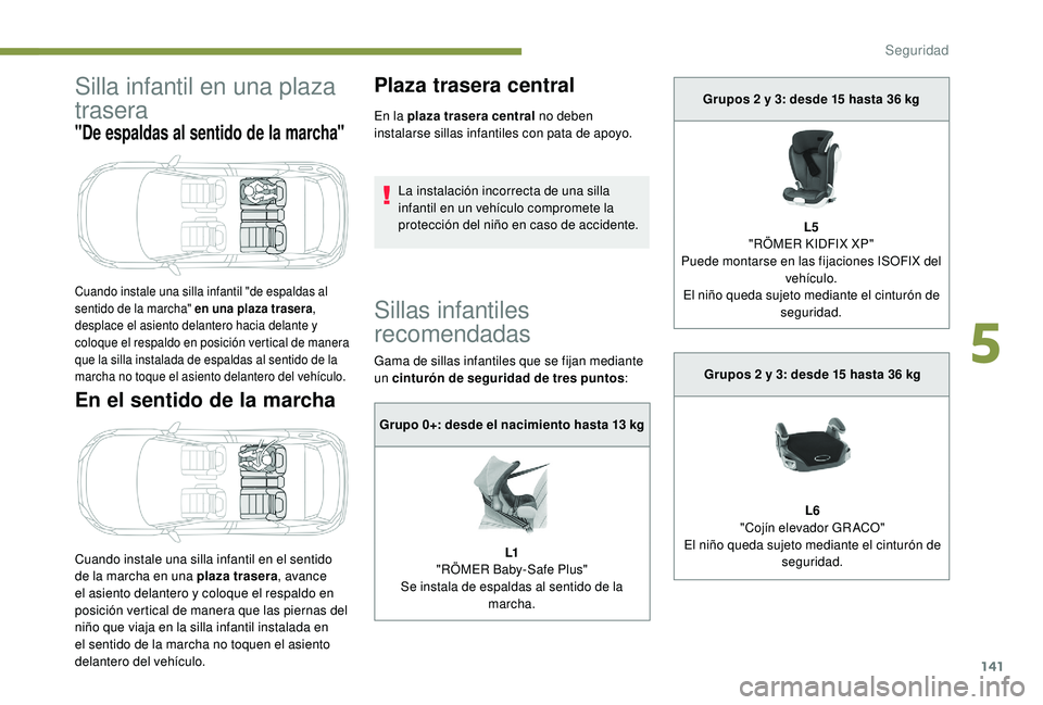 PEUGEOT 3008 2018  Manual del propietario (in Spanish) 141
Silla infantil en una plaza 
trasera
"De espaldas al sentido de la marcha"
En el sentido de la marcha
Cuando instale una silla infantil en el sentido 
de la marcha en una plaza trasera, av