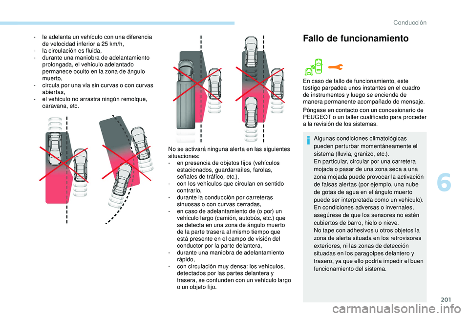 PEUGEOT 3008 2018  Manual del propietario (in Spanish) 201
No se activará ninguna alerta en las siguientes 
situaciones:
- 
e
 n presencia de objetos fijos (vehículos 
estacionados, guardarraíles, farolas, 
señales de tráfico, etc.),
-
 
c
 on los ve