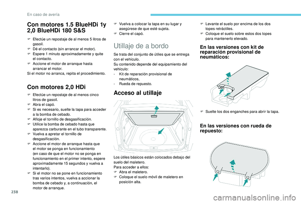 PEUGEOT 3008 2018  Manual del propietario (in Spanish) 238
Con motores 1.5 BlueHDi 1y 
2,0 BlueHDi 180 S&S
F Efectúe un repostaje de al menos 5 litros de gasoil.
F
 
D
 é el contacto (sin arrancar el motor).
F
 
E
 spere 1 minuto aproximadamente y quite