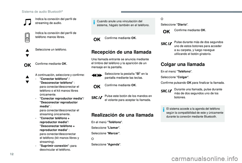 PEUGEOT 3008 2018  Manual del propietario (in Spanish) 12
Indica la conexión del per fil de 
streaming de audio.
Indica la conexión del per fil de 
teléfono manos libres.
Seleccione un teléfono.
Confirme mediante OK.
A continuación, seleccione y conf