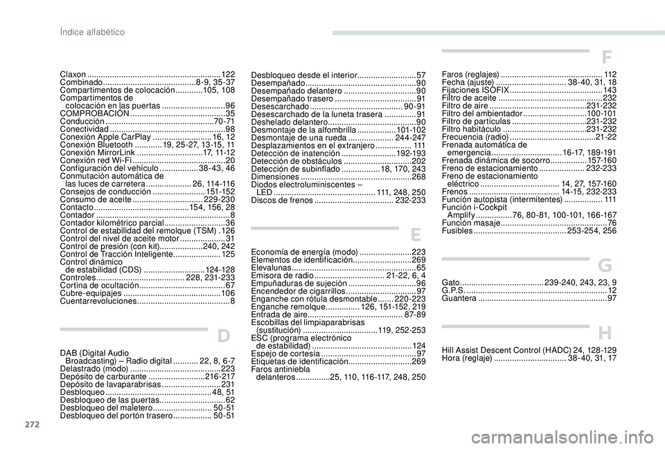 PEUGEOT 3008 2018  Manual del propietario (in Spanish) 272
Claxon ........................................................... 12 2
Combinado  ......................................... 8 -9, 35 -37
Compartimentos de colocación
 

............105, 108
Comp