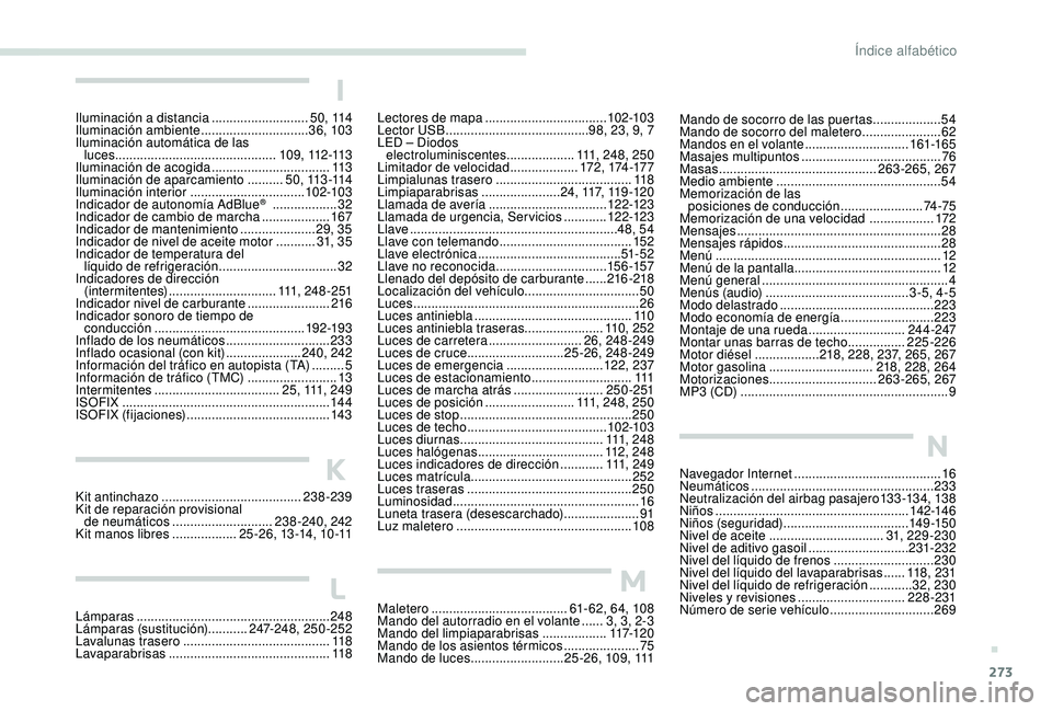PEUGEOT 3008 2018  Manual del propietario (in Spanish) 273
Mando de socorro de las puertas ...................54
M ando de socorro del maletero   ......................62
Mandos en el volante
  .............................161-165
Masajes multipuntos
 ...