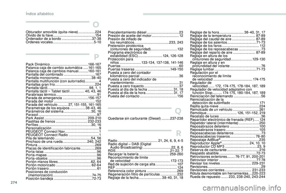 PEUGEOT 3008 2018  Manual del propietario (in Spanish) 274
O
Obturador amovible (quita-nieve) .................2 24
Olvido de la llave   ........................................... 15 4
Ordenador de a bordo
  ...............................37- 3 8
Órdene