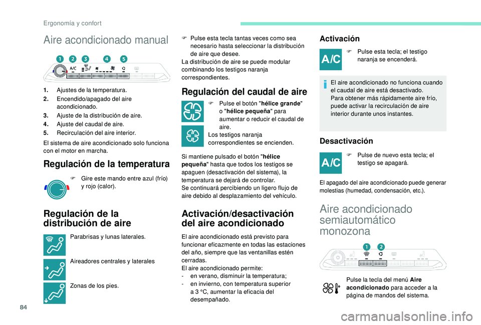 PEUGEOT 3008 2018  Manual del propietario (in Spanish) 84
Aire acondicionado manual
1.Ajustes de la temperatura.
2. Encendido/apagado del aire 
acondicionado.
3. Ajuste de la distribución de aire.
4. Ajuste del caudal de aire.
5. Recirculación del aire 