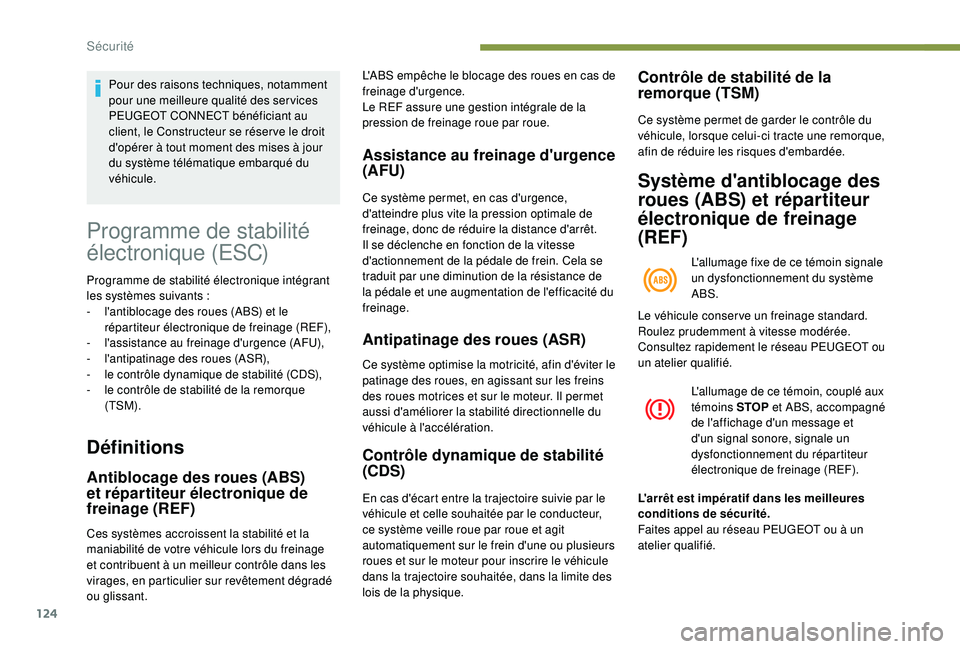 PEUGEOT 3008 2018 Manuel du propriétaire (in French) 124
Programme de stabilité
électronique (ESC)
Programme de stabilité électronique intégrant
les systèmes suivants :
-
l
'antiblocage des roues (ABS) et le
répartiteur électronique d PEUGEOT 3008 2018 Manuel du propriétaire (in French) 124
Programme de stabilité
électronique (ESC)
Programme de stabilité électronique intégrant
les systèmes suivants :
-
l
'antiblocage des roues (ABS) et le
répartiteur électronique d