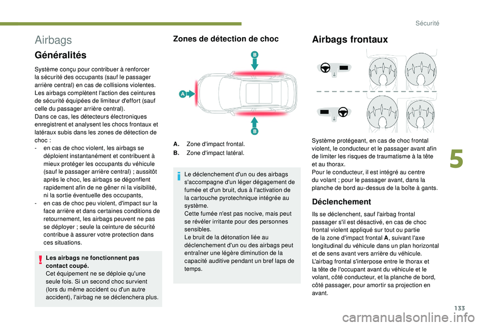 PEUGEOT 3008 2018 Manuel du propriétaire (in French) 133
Airbags
Généralités
Système conçu pour contribuer à renforcer
la sécurité des occupants (sauf le passager
arrière central) en cas de collisions violentes.
Les airbags complètent l' PEUGEOT 3008 2018 Manuel du propriétaire (in French) 133
Airbags
Généralités
Système conçu pour contribuer à renforcer
la sécurité des occupants (sauf le passager
arrière central) en cas de collisions violentes.
Les airbags complètent l'