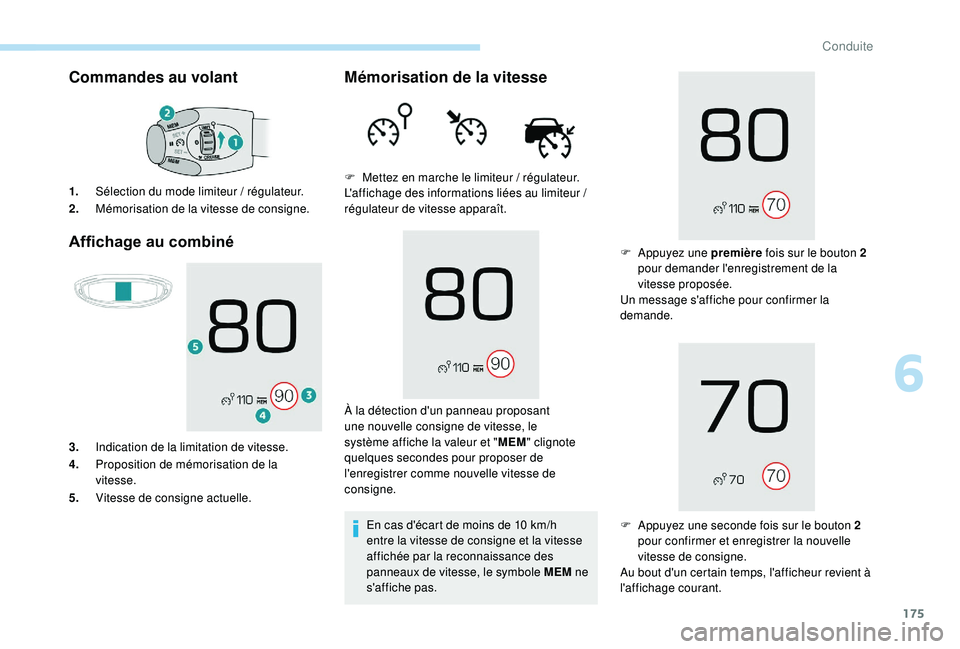 PEUGEOT 3008 2018  Manuel du propriétaire (in French) 175
Commandes au volant
Affichage au combiné
1. Sélection du mode limiteur  / régulateur.
2. Mémorisation de la vitesse de consigne.
3. Indication de la limitation de vitesse.
4. Proposition de m