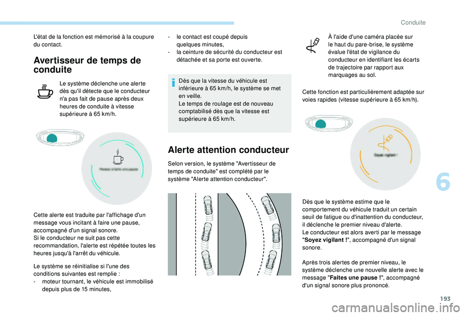 PEUGEOT 3008 2018  Manuel du propriétaire (in French) 193
L'état de la fonction est mémorisé à la coupure 
du contact.
Avertisseur de temps de 
conduite
Le système déclenche une alerte 
dès qu'il détecte que le conducteur 
n'a pas fai