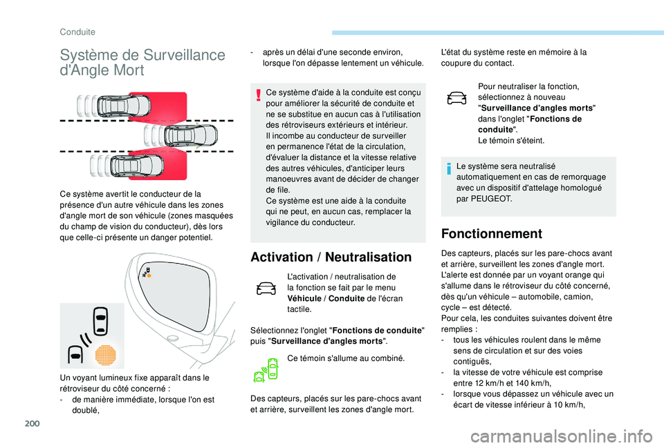 PEUGEOT 3008 2018  Manuel du propriétaire (in French) 200
Système de Surveillance 
d'Angle Mort
Ce système avertit le conducteur de la 
présence d'un autre véhicule dans les zones 
d'angle mort de son véhicule (zones masquées 
du champ 